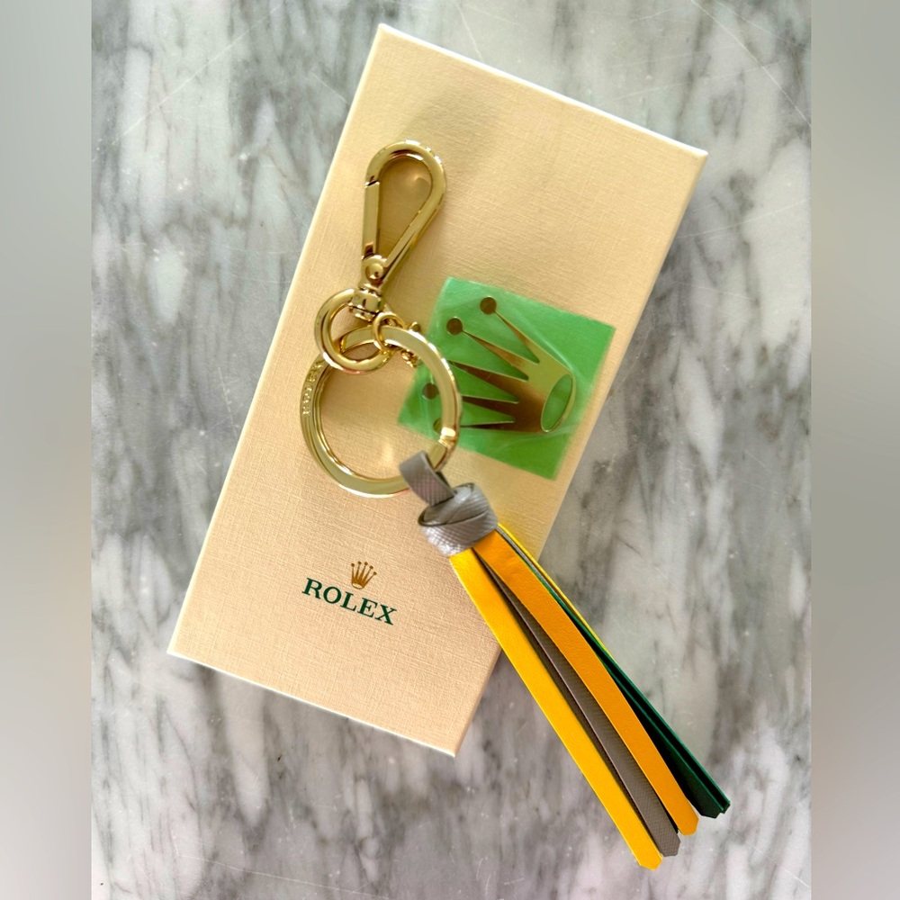ROLEX Keychain / Bag Charm - Green, Yellow, Grey Leather Tassel w Gold Hardware